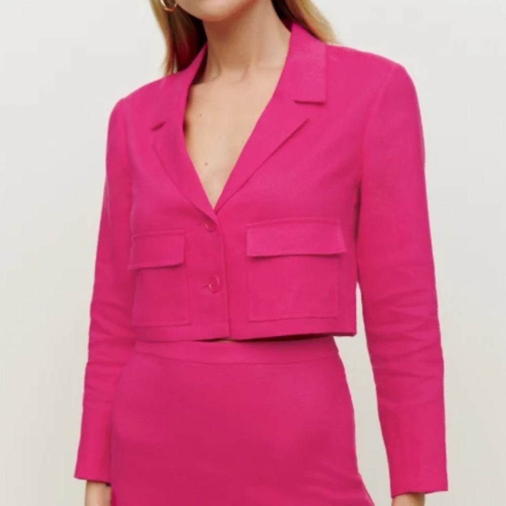 Reformation Sz 8 Elton Hot Pink Linen Cropped Blazer Jacket